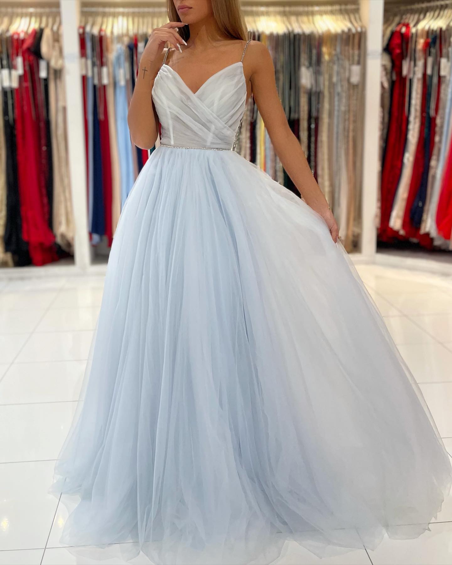 Beautiful Spaghetti Straps V-neck Beading A-Line Tulle Ruffles Prom Dress
