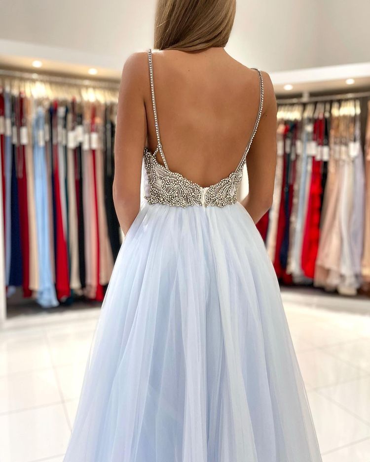 Beautiful Spaghetti Straps V-neck Beading A-Line Tulle Ruffles Prom Dress