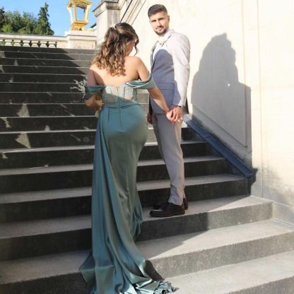 Beautiful Split Side Long Mermaid Off-the-Shoulder Stretch Satin Prom Dress