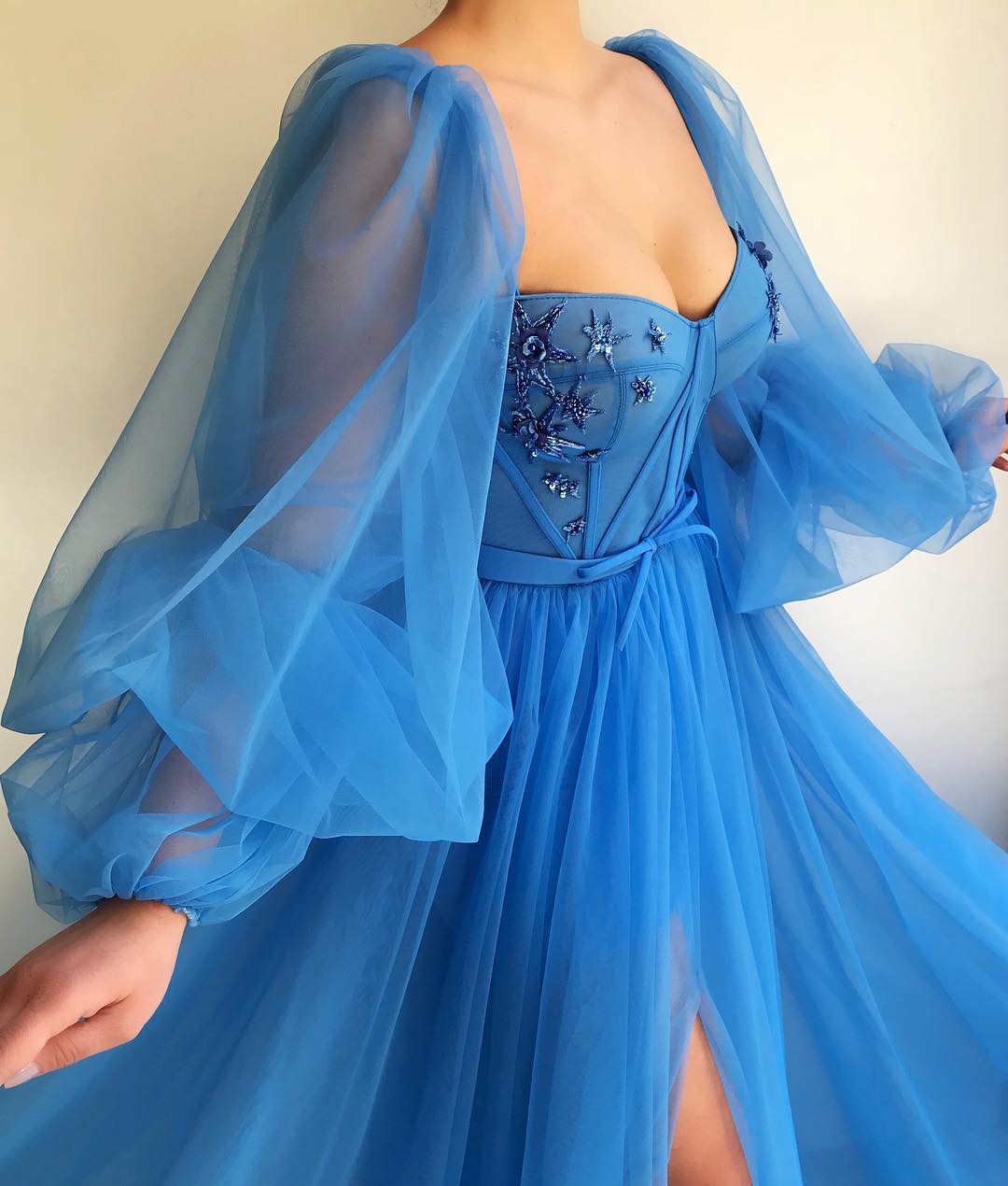 Beautiful Square Neck Long Sleeves A-line Sweetheart Tulle Prom Dress with Slit