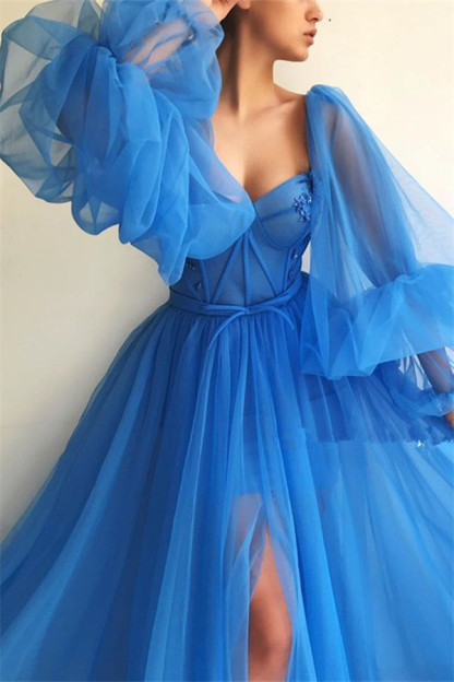 Beautiful Square Neck Long Sleeves A-line Sweetheart Tulle Prom Dress with Slit