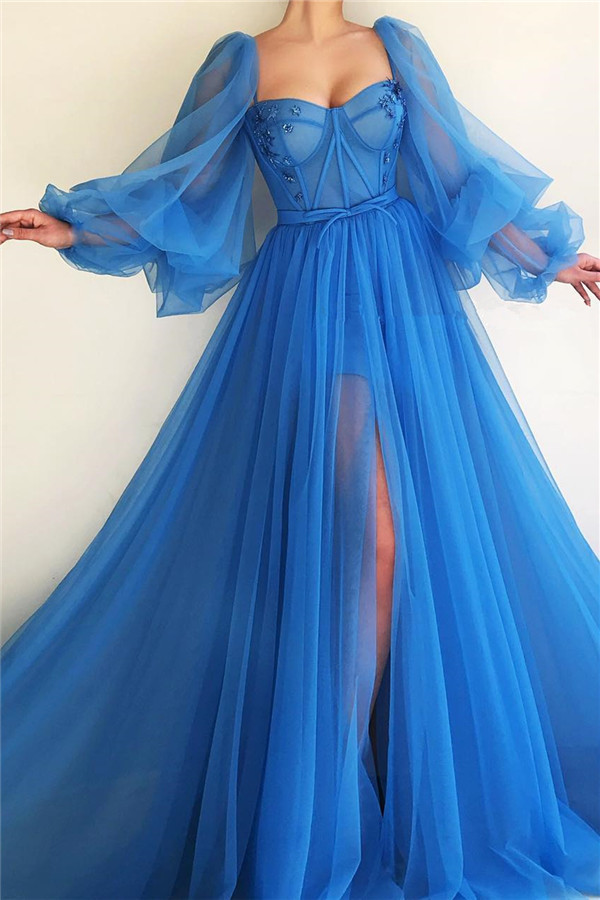 Beautiful Square Neck Long Sleeves A-line Sweetheart Tulle Prom Dress with Slit
