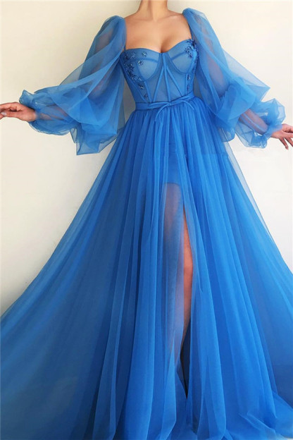 Beautiful Square Neck Long Sleeves A-line Sweetheart Tulle Prom Dress with Slit