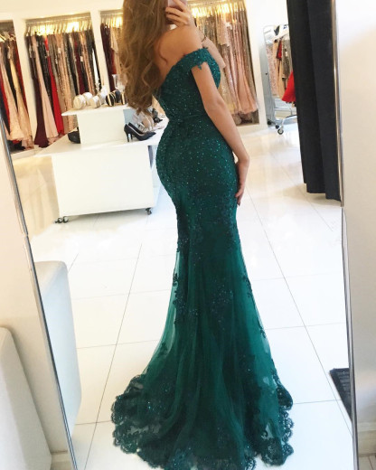 Beautiful Strapless Long Mermaid Off the Shoulder Tulle Beaded Lace Prom Dresses
