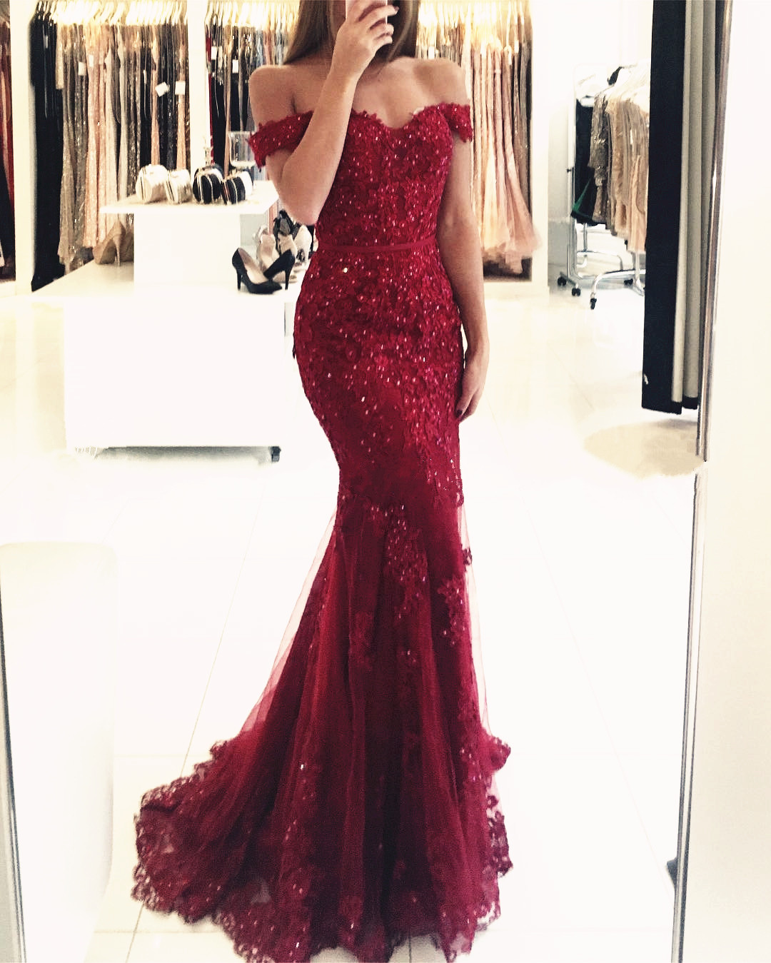 Beautiful Strapless Long Mermaid Off the Shoulder Tulle Beaded Lace Prom Dresses