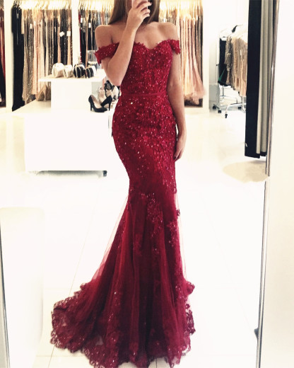 Beautiful Strapless Long Mermaid Off the Shoulder Tulle Beaded Lace Prom Dresses