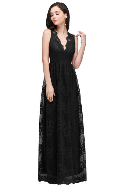 Long A Line Lace V Neck Sleveless Floor Length Evening Dress - YESBABYONLINE