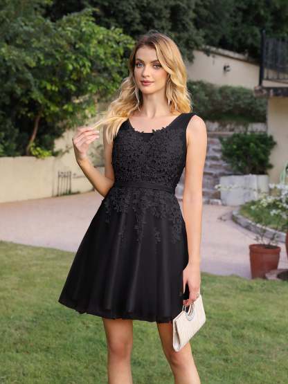 Short A-line Mini Tulle Formal Dress with Lace Appliques - YESBABYONLINE