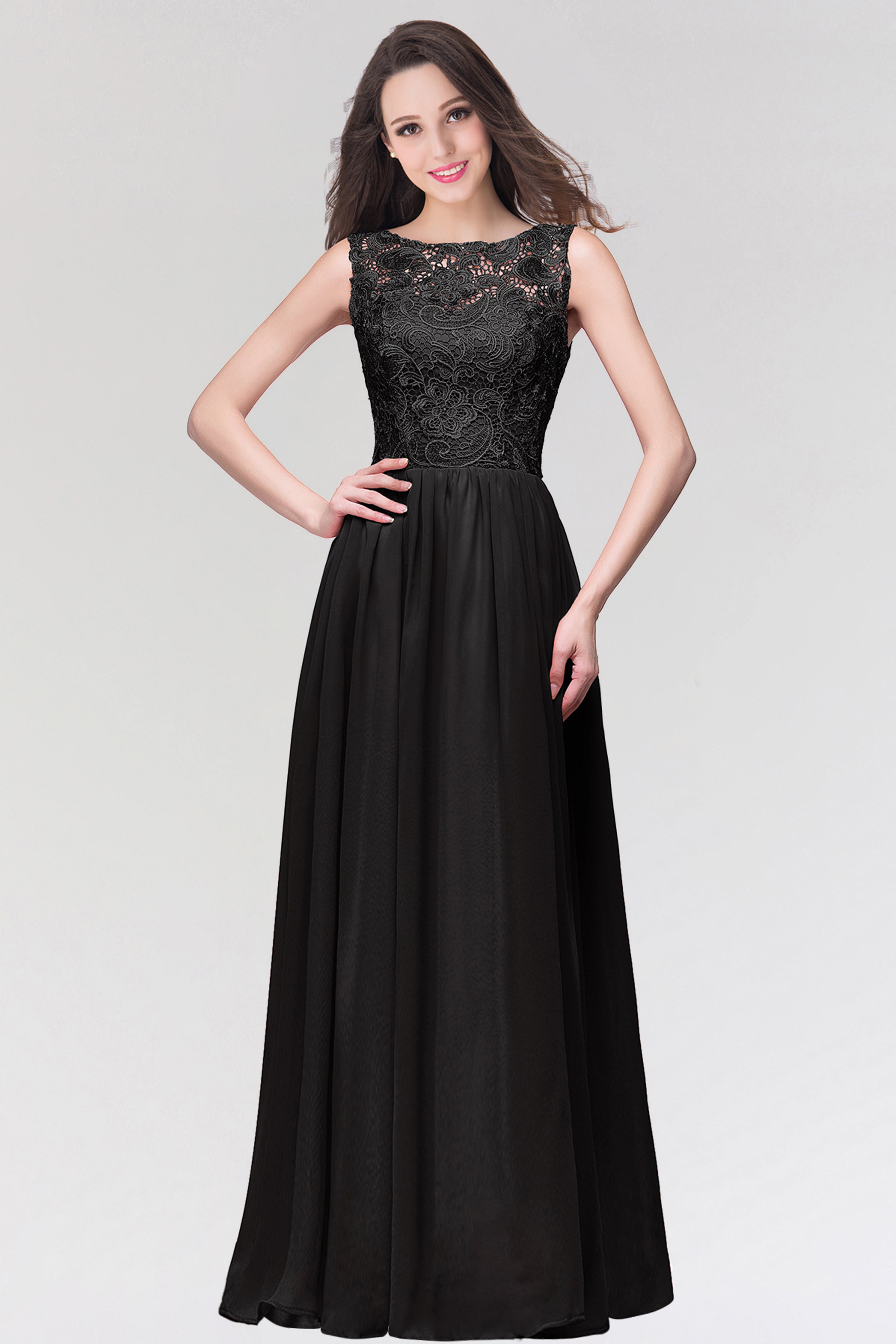Long Chiffon Lace Sleeveless A Line Ruched Bridesmaid Dress - YESBABYONLINE