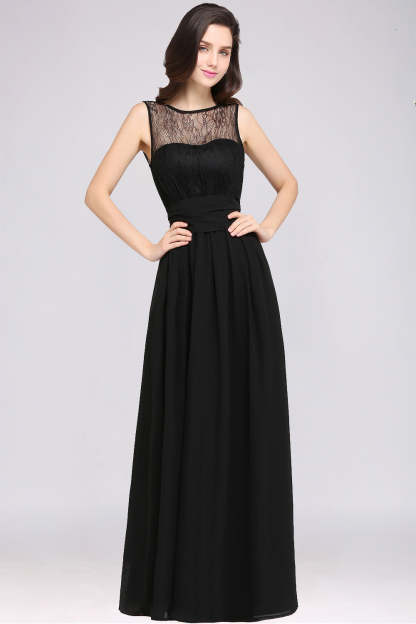Long Off The Shoulder Round Neck Chiffon Bridesmaid Dress with Floral Lace and Ruffle - YESBABYONLINE