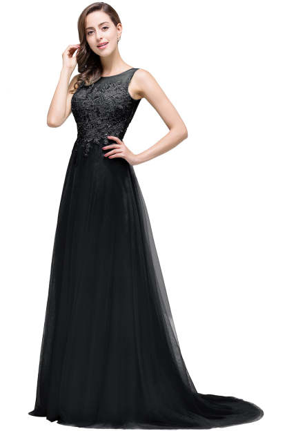 Long Sleeveless Round Neck Tulle A line Lace Appliques Bridesmaid Dress - YESBABYONLINE