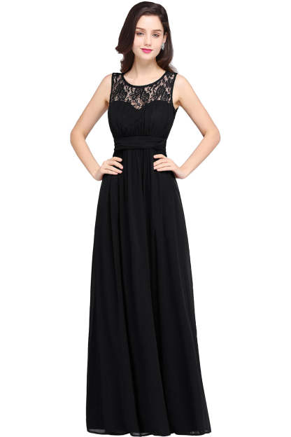 Long A Line Round Neck Chiffon Floor Length Formal Dresses - YESBABYONLINE
