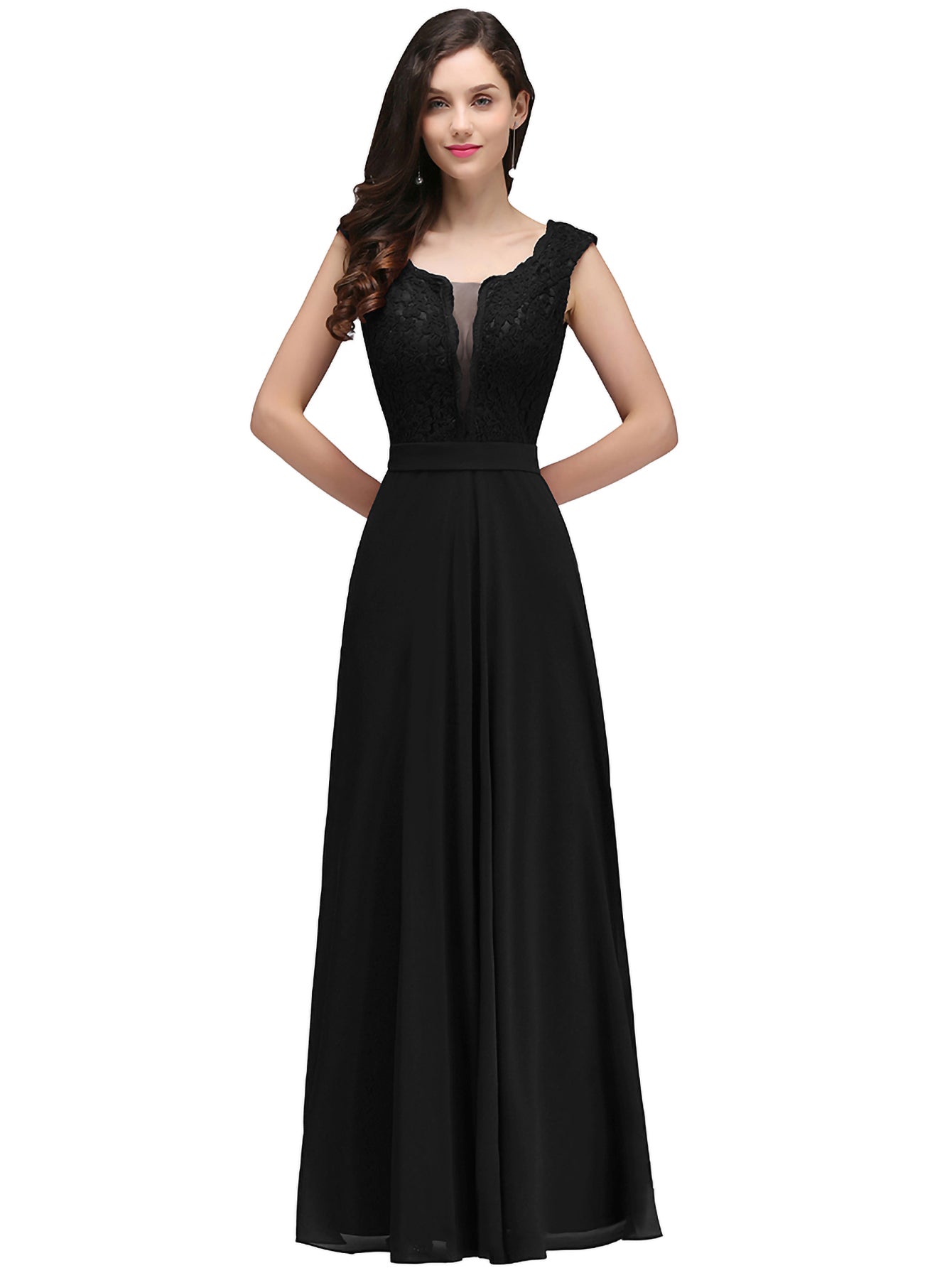 Long A Line Floral Lace Floor Length Sleeveless Chiffon Bridesmaid Dress - YESBABYONLINE