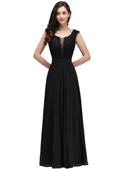Long A Line Floral Lace Floor Length Sleeveless Chiffon Bridesmaid Dress - YESBABYONLINE
