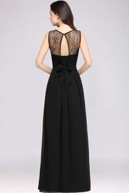 Long Off The Shoulder Round Neck Chiffon Bridesmaid Dress with Floral Lace and Ruffle - YESBABYONLINE