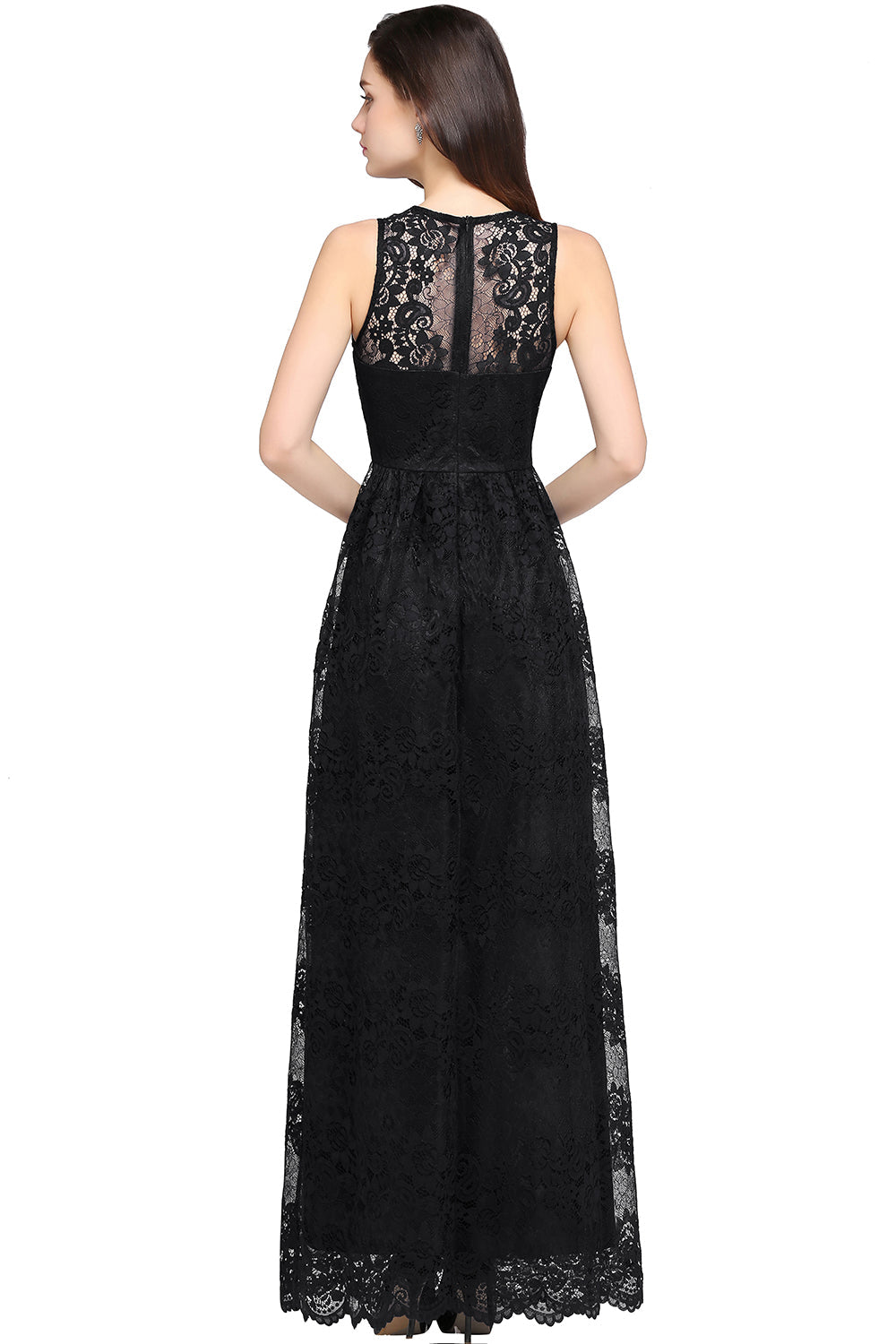 Long A Line Lace V Neck Sleveless Floor Length Evening Dress - YESBABYONLINE