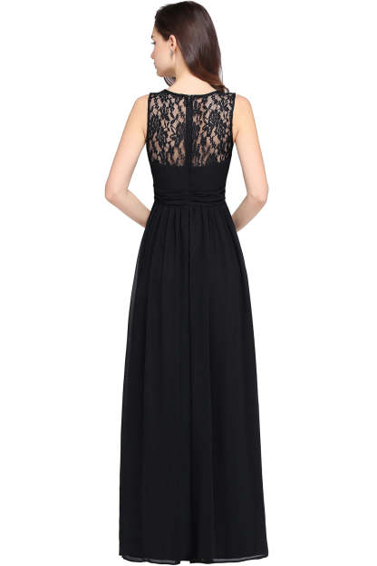 Long A Line Round Neck Chiffon Floor Length Formal Dresses - YESBABYONLINE