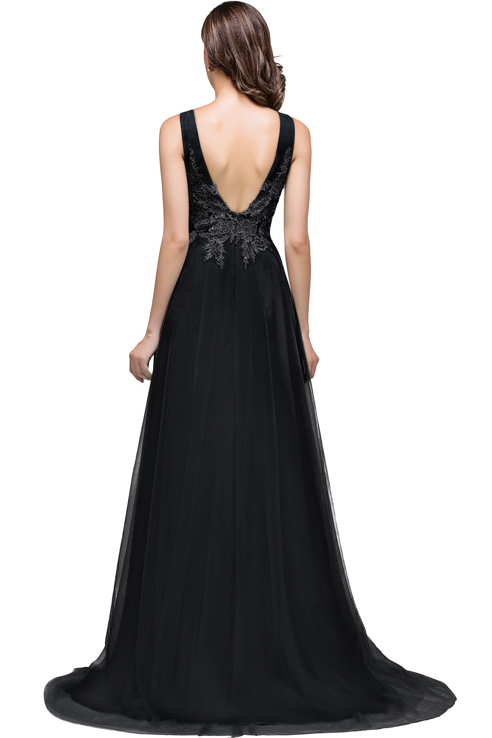 Long Sleeveless Round Neck Tulle A line Lace Appliques Bridesmaid Dress - YESBABYONLINE