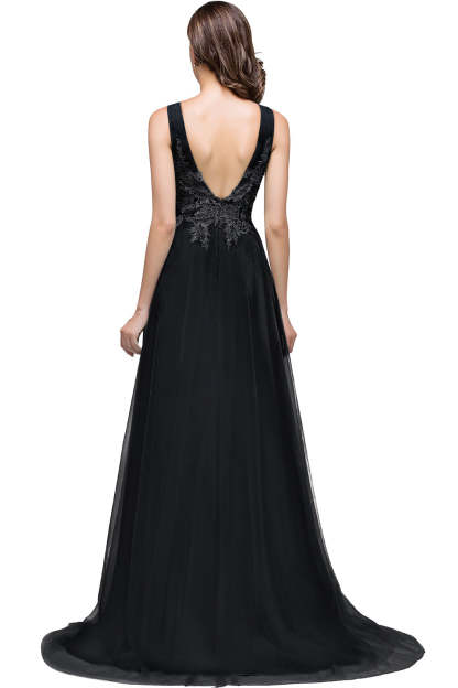 Long Sleeveless Round Neck Tulle A line Lace Appliques Bridesmaid Dress - YESBABYONLINE
