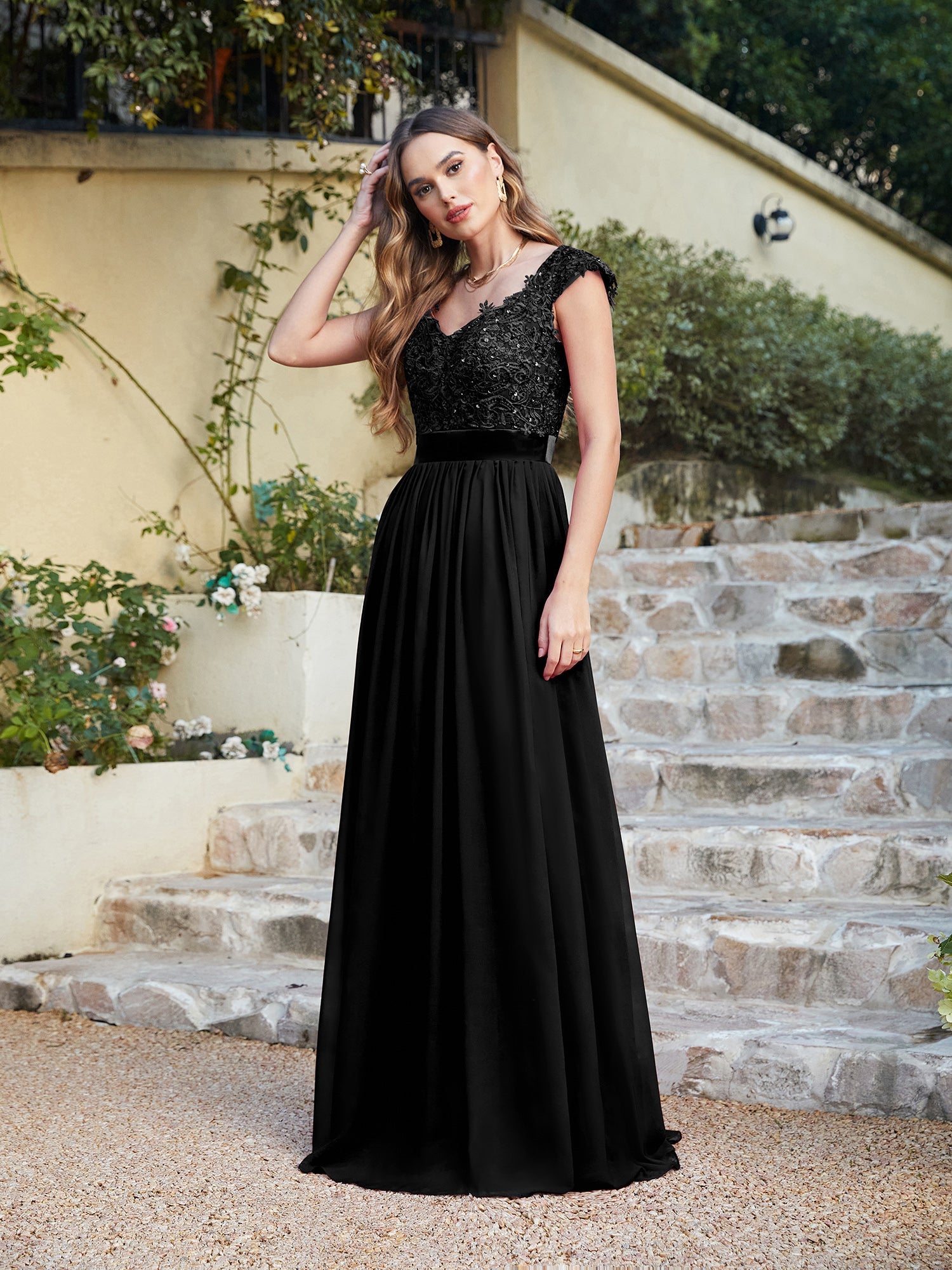 Long A line Scoop Neck Chiffon Floor Length Dress Lace Bridesmaid Dress - YESBABYONLINE