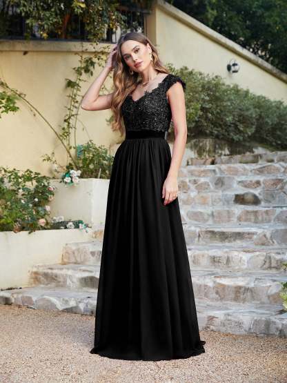 Long A line Scoop Neck Chiffon Floor Length Dress Lace Bridesmaid Dress - YESBABYONLINE