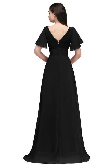 A Line Poet Sleeves Ruffle Chiffon V-Neck Long Bridesmaid Dress - YESBABYONLINE