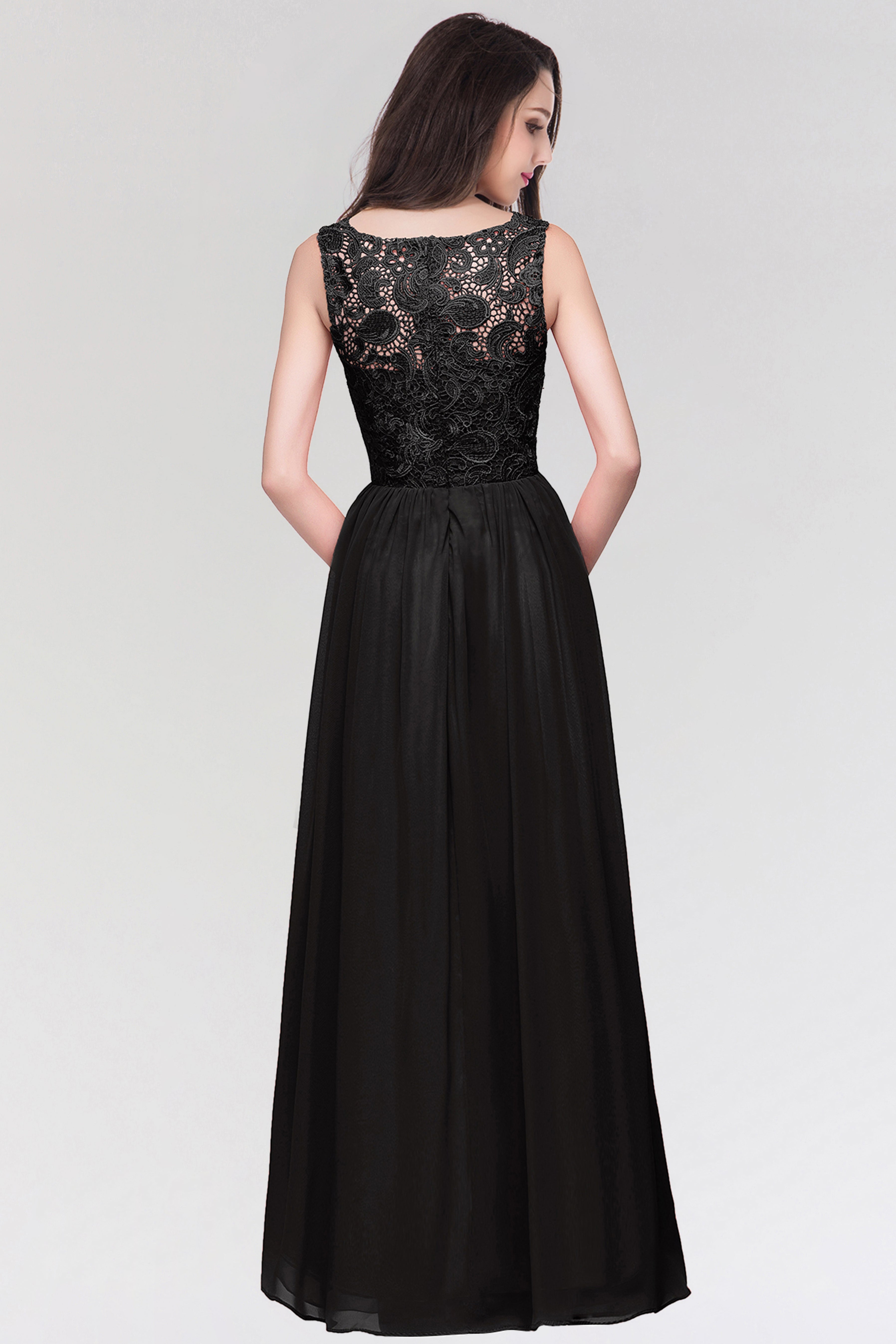 Long Chiffon Lace Sleeveless A Line Ruched Bridesmaid Dress - YESBABYONLINE