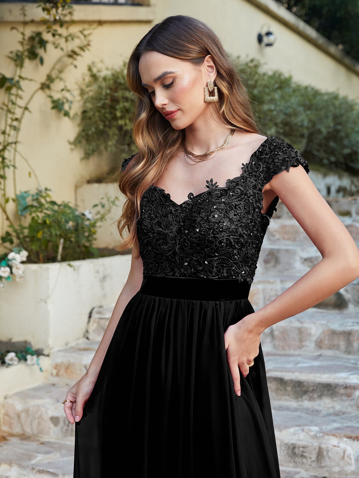 Long A line Scoop Neck Chiffon Floor Length Dress Lace Bridesmaid Dress - YESBABYONLINE