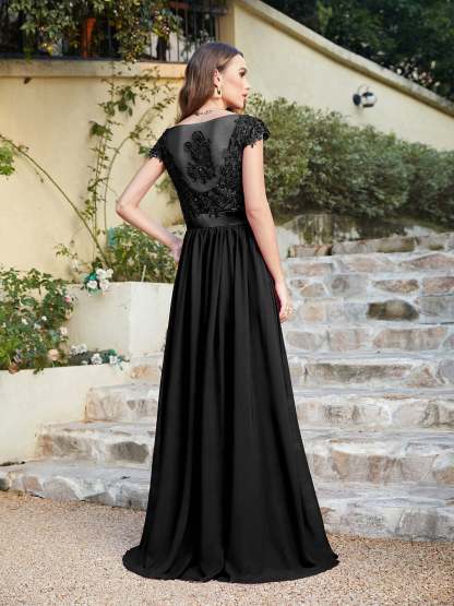 Long A line Scoop Neck Chiffon Floor Length Dress Lace Bridesmaid Dress - YESBABYONLINE