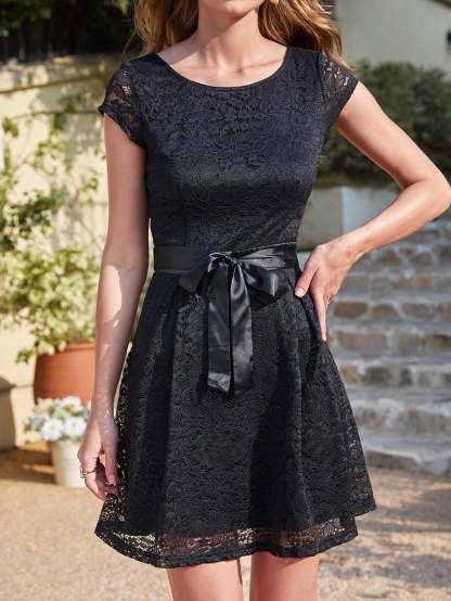 Short Cap Sleeves Formal Dress Round Neck Lace A line Bridesmaid Dress - YESBABYONLINE