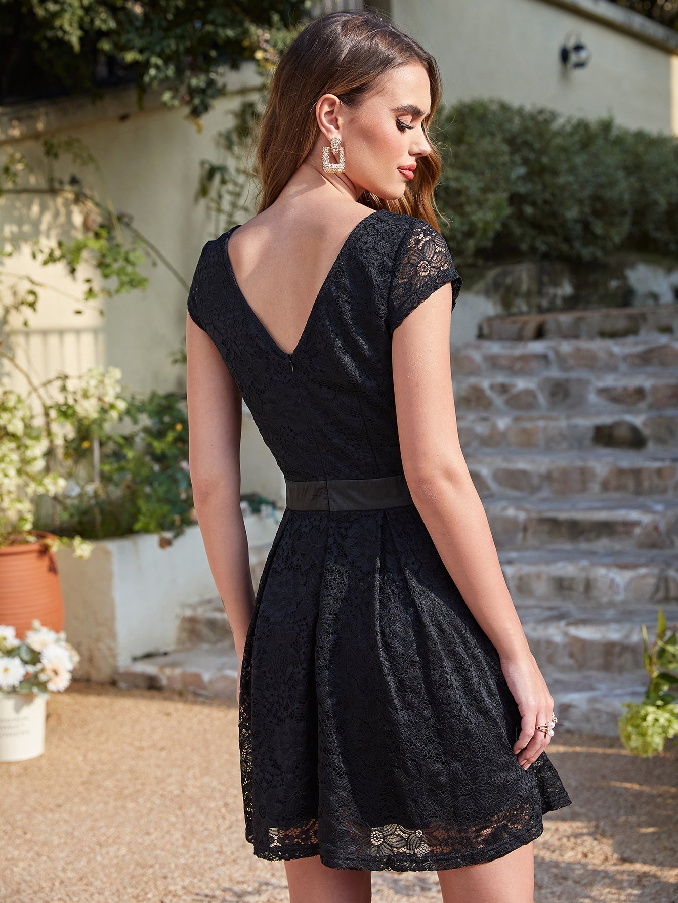 Short Cap Sleeves Formal Dress Round Neck Lace A line Bridesmaid Dress - YESBABYONLINE