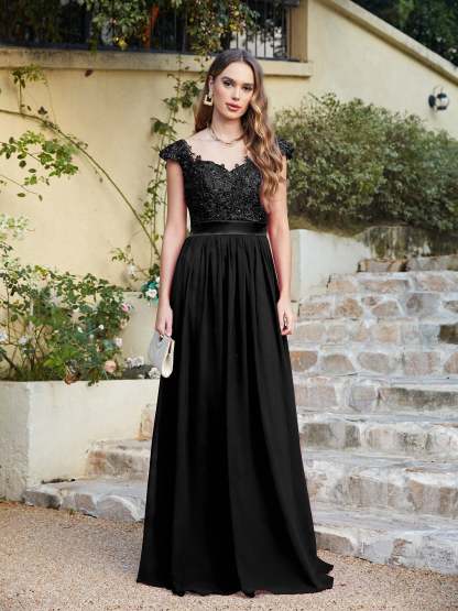 Long A line Scoop Neck Chiffon Floor Length Dress Lace Bridesmaid Dress - YESBABYONLINE
