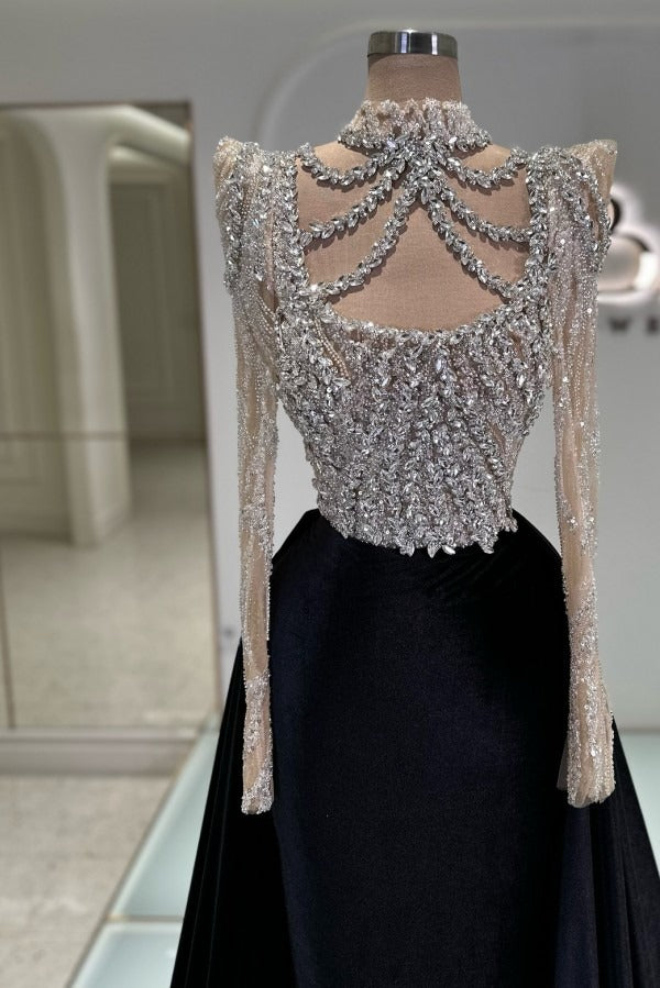 Long A-line High Neck Beaded Satin Black Prom Dresses with Sleeves