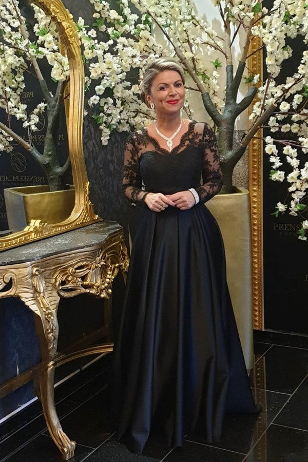 Elegant Lace V-neck Long Sleeve Black Satin Mother Of The Bride Dress Yesbabyonline