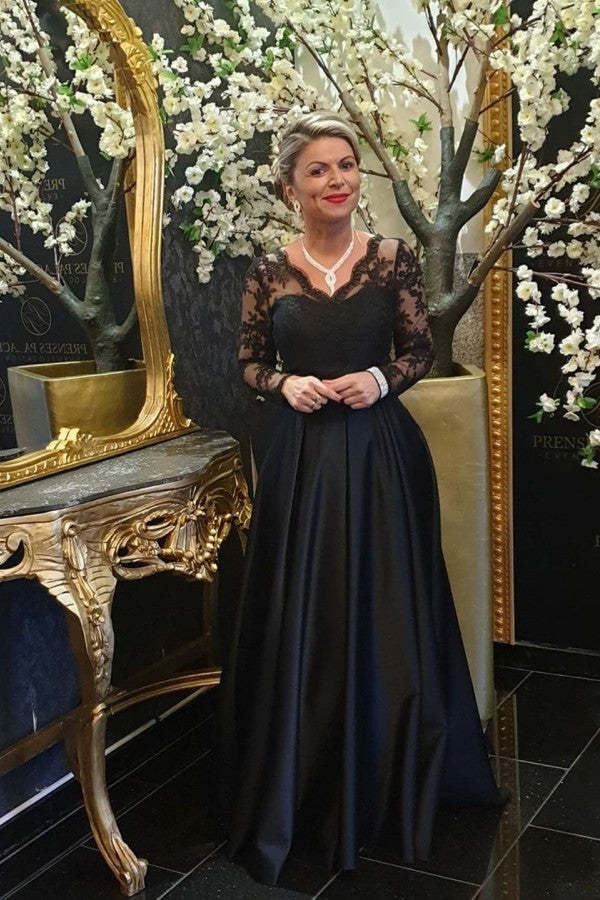 Elegant Lace V-neck Long Sleeve Black Satin Mother Of The Bride Dress Yesbabyonline