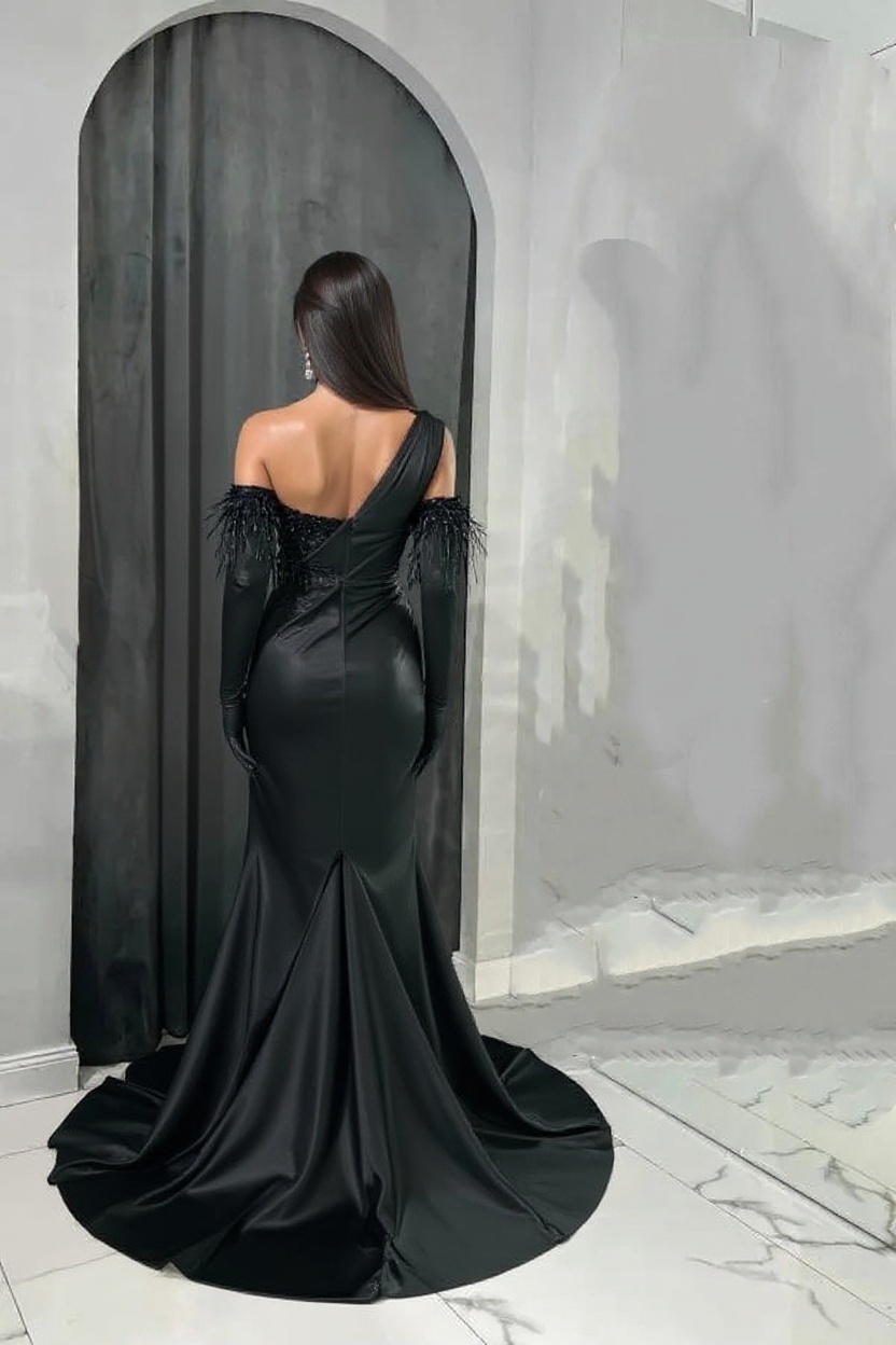 Black Long Mermaid One Shoulder Asymmetrical Sleeveless Prom Dress with Slit