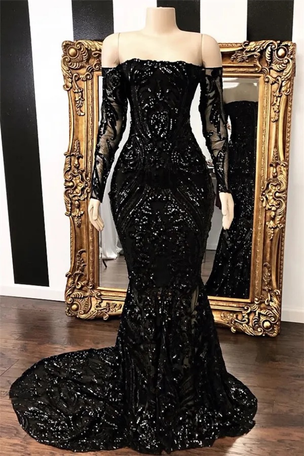 Black Long Mermaid off the Shoulder Sequined Prom Dresses with Sleeves