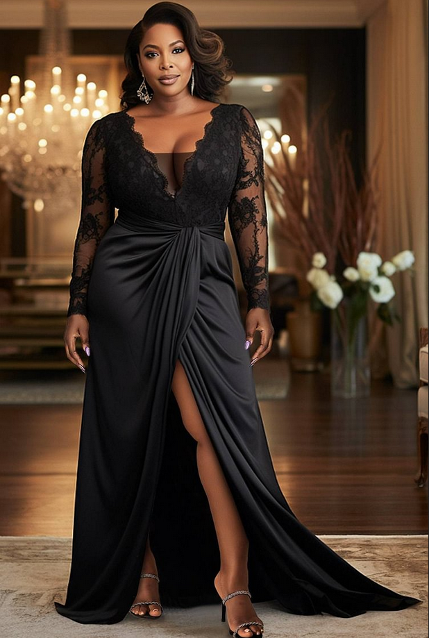 Black V-neck Appliques Lace Long Sleeves A-Line Mother of the Bride Dresses with Slit