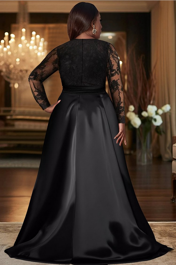 Black V-neck Appliques Lace Long Sleeves A-Line Mother of the Bride Dresses with Slit