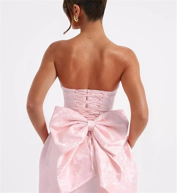 Strapless Short Ball Gown Sleeveless Lace up Jacquard Satin Homecoming Dress with Bow - YESBABYONLINE