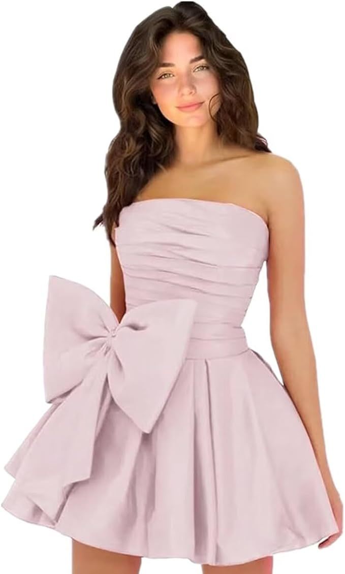 Chic Short A-line Sleeveless Strapless Ruched Lace Up Homecoming Dresses with Bow - YESBABYONLINE