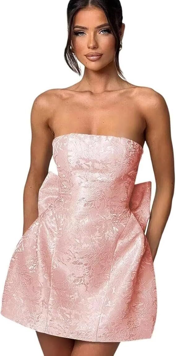 Strapless Short Ball Gown Sleeveless Lace up Jacquard Satin Homecoming Dress with Bow - YESBABYONLINE