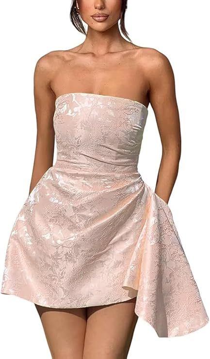 A-line Strapless Jacquard Satin Asymmetrical Lace up Sleeveless Short Homecoming Dress - YESBABYONLINE