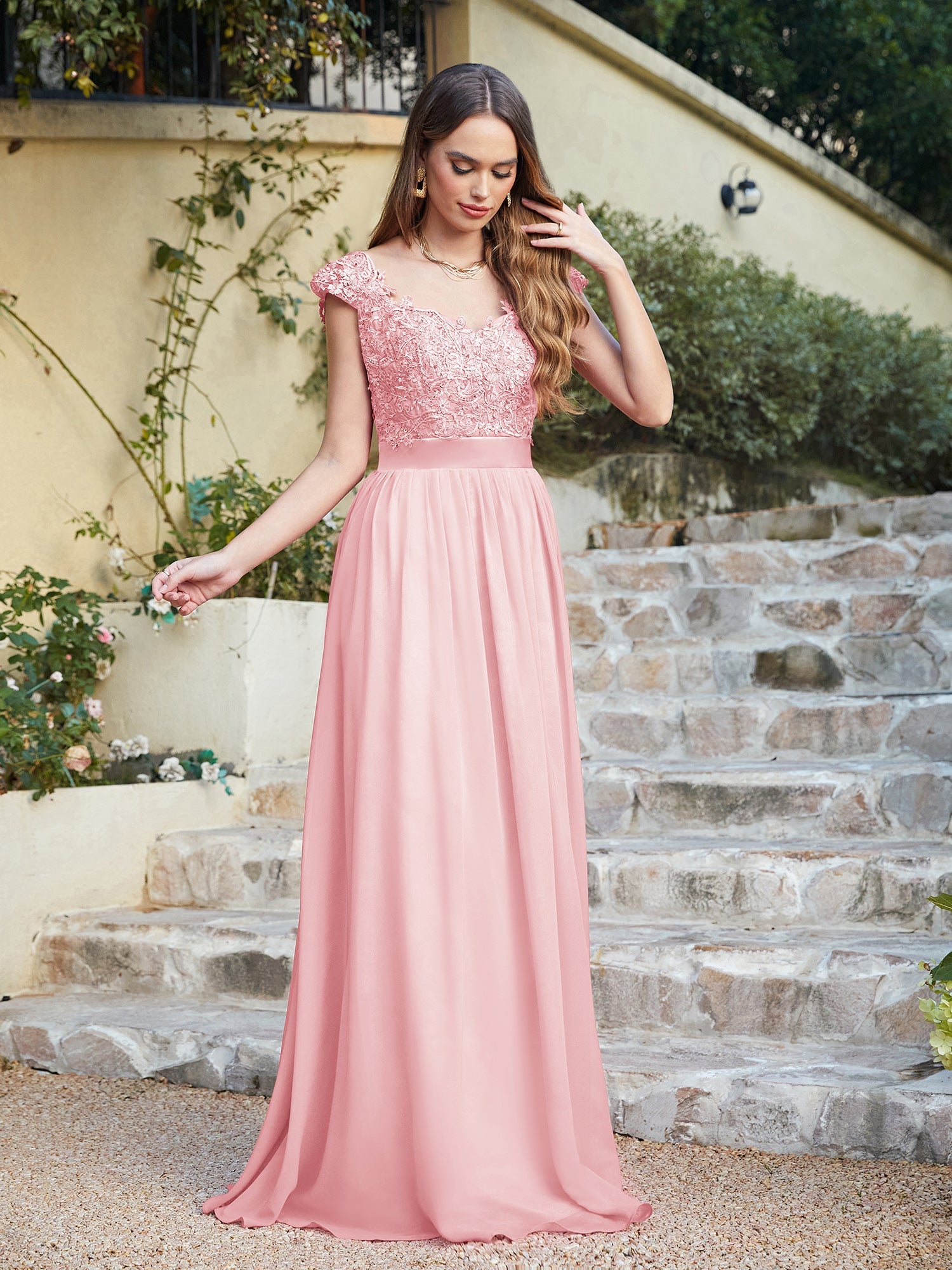 Long A line Scoop Neck Chiffon Floor Length Dress Lace Bridesmaid Dress - YESBABYONLINE