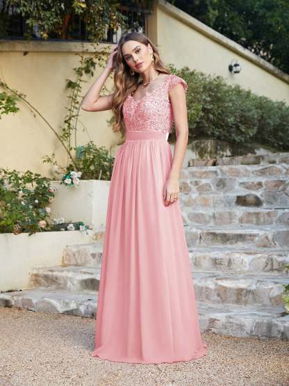Long A line Scoop Neck Chiffon Floor Length Dress Lace Bridesmaid Dress - YESBABYONLINE