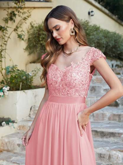 Long A line Scoop Neck Chiffon Floor Length Dress Lace Bridesmaid Dress - YESBABYONLINE