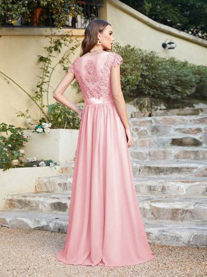 Long A line Scoop Neck Chiffon Floor Length Dress Lace Bridesmaid Dress - YESBABYONLINE