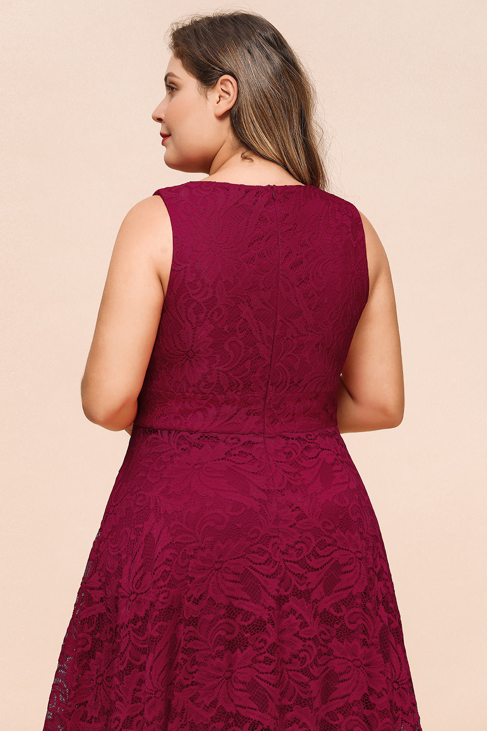 High Low A line V neck Sleeveless Lace Formal Dress - YESBABYONLINE
