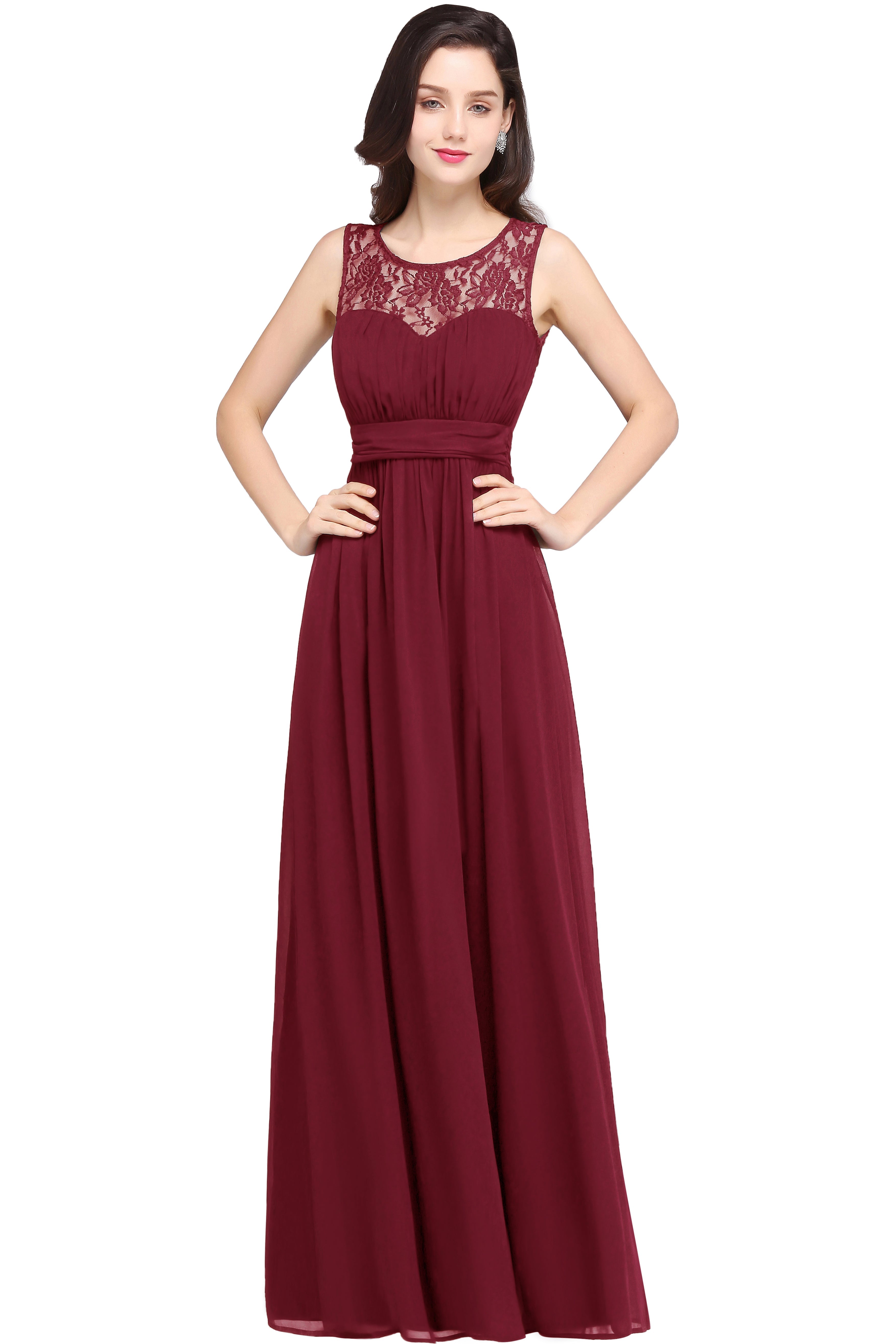 Long A Line Round Neck Chiffon Floor Length Formal Dresses - YESBABYONLINE