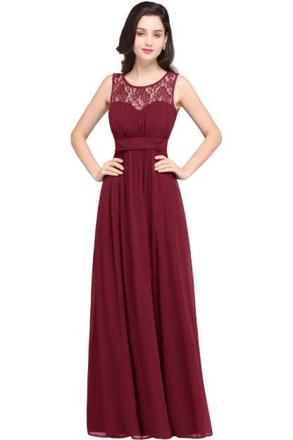 Long A Line Round Neck Chiffon Floor Length Formal Dresses - YESBABYONLINE
